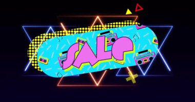 Parlak geometrik şekilli ve retro desenli canlı Satış metninin animasyonu. İndirim, promosyon, renkli, reklam, alışveriş, pop sanat