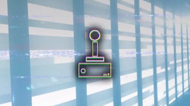 Soyut mavi ve beyaz çizgili arka planda retro joystick animasyonu. Oyun, teknoloji, dijital, klasik, nostaljik, atari salonu