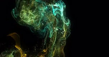 Soyut dijital parçacıkların animasyonu siyah arkaplan üzerinde dinamik şekiller oluşturuyor. Teknoloji, yenilik, fütüristik, hareket, veri, tasarım