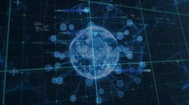 Birbirine bağlı düğümler ve veri grafikleriyle dijital dünyanın animasyonu. Küresel, bağlantı, ağ, teknoloji, fütürist, analitik