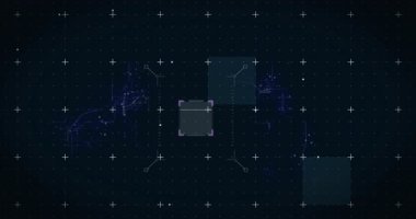 Şebeke arka planında dijital arayüzü olan QR kodlu tarama animasyonu. Teknoloji, yenilik, fütüristik, siber güvenlik, bağlantı, ağ