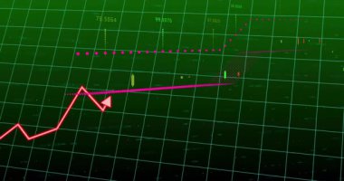 Kırmızı çizgi grafiği yeşil finansal veri tablosu üzerinde dalgalanır ve animasyon etkisi yaratır. Maliye, borsa, analitik, büyüme, dalgalanma, eğilim