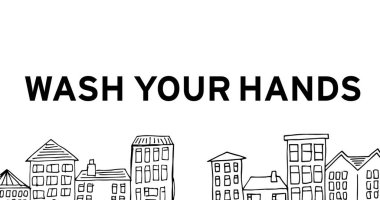 Hijyen farkındalığı için el yıkamayı hatırlatacak cesur resimli şehir manzarası. Skyline, Health, poster, urban, illüstrasyon, sağlık hizmetleri