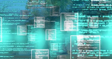 Arazi üzerinde yüzen dijital kod teknolojinin doğayla uyumunu sembolize ediyor. çevre, yenilik, fütüristik, bütünleşme, bağlantı