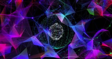 Renkli dijital ağ arayüzü tasarımında parlayan bağlantılar ve geometrik şekiller. Teknoloji, yenilik, siber alan, bağlantı, soyut, fütürist