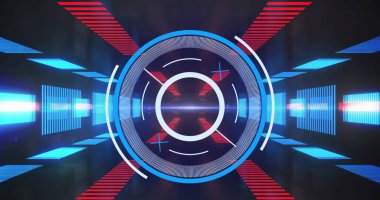 Dairesel taramayı gösteren dijital arayüz görüntüsü ve siyah üzerine mavi ve kırmızı ışıklar. iletişim teknolojisi dijital arayüz kavramı, dijital olarak oluşturulmuş görüntü.