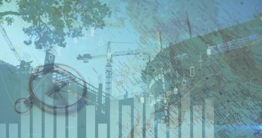 İnşaat alanında hareket eden grafiği olan bir pusula resmi. dijital arayüz küresel bağlantılar kavramı dijital olarak oluşturulmuş görüntü.