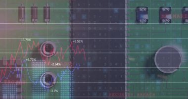 Mikroişlemci bağlantılarına karşı finansal veri işlemenin dijital bileşimi. Bilgisayar arayüzü teknolojisi ve çevrimiçi güvenlik kavramı.