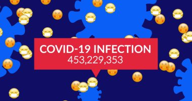 Konuşma baloncuklu hücrelerin görüntüsü kovid 19 enfeksiyon vakası ve yüz maskeli emoji simgeleri gösteriyor. global coronavirus covid 19 salgın eğitim konsepti dijital olarak oluşturulmuş görüntü.