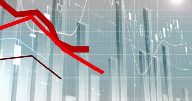 Kırmızı çizgi grafiği dijital finans grafiğinde aşağı yönlü eğilimi gösteriyor. Finans, analitik, ekonomi, iş dünyası, borsa, yatırım