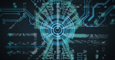 Kapsam taraması, veri işleme ve devre kartı elemanlarıyla çevrimiçi güvenlik kilidi görüntüsü. dijital arayüz küresel bağlantı ve dijital olarak oluşturulan iletişim konsepti.