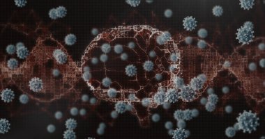 Bilimsel konseptte virüs parçacıkları ve DNA iplikçiklerini gösteren dijital çizimler. Biyoteknoloji, moleküler, genetik, mikrobiyoloji, araştırma, laboratuvar