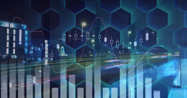 Altıgenler ve şehir manzarası üzerindeki finansal veri işleme görüntüsü. dijital arayüz küresel bağlantı kavramı dijital olarak oluşturulmuş görüntü.