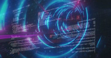 Mavi parlayan tüneldeki bağlantı ağıyla dijital arayüz veri işleme görüntüsü. Küresel teknoloji ve bağlantı ağı konsepti dijital olarak oluşturulmuş görüntü.