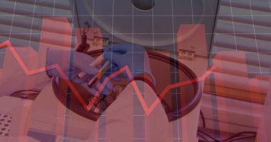 Laboratuvar önlüklü bilim adamı örnekleri santrifüjle analiz ediyor. Ekranda veri örtüşüyor. Araştırma, laboratuvar, teknoloji, deney, analiz, yenilik