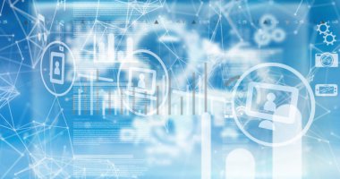 Parlak mavi arkaplandaki dijital simgelerin ve bağlantı ağlarının resmi. dijital arayüz, küresel bağlantı ve dijital olarak oluşturulmuş görüntü konsepti.