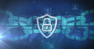 Mavi arka planda insan simgeleriyle çevrimiçi güvenlik asma kilidi ve zinciri resmi. dijital arayüz, bağlantı ve iletişim konsepti dijital olarak oluşturulmuş görüntü.