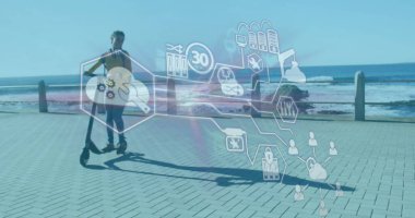 Deniz kenarında scooter kullanan bir kadının teknolojik simgelerinin görüntüsü. Dijital arayüz küresel spor ve performans konsepti dijital olarak oluşturulmuş görüntü.