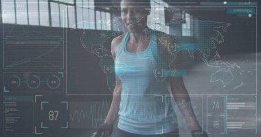 Terk edilmiş bir binada ipe atlayan kadın hakkında istatistik ve grafikler. Dijital arayüz küresel spor ve performans konsepti dijital olarak oluşturulmuş görüntü.