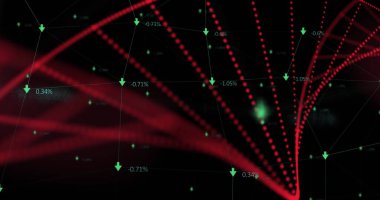 Siyah arkaplanda bağlantı ağına karşı dönen DNA yapısının dijital görüntüsü. Bilgisayar arayüzü ve tıbbi araştırma teknolojisi kavramı.