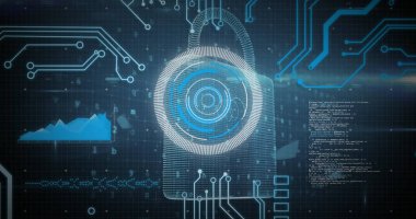 Kapsam taraması, veri işleme ve devre kartı elemanlarıyla çevrimiçi dijital asma kilit görüntüsü. dijital arayüz küresel bağlantı ve dijital olarak oluşturulan iletişim konsepti.