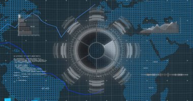 Dünya haritası üzerinde tarama ve veri işlemenin resmi. dijital arayüz küresel bağlantı ve dijital olarak oluşturulan iletişim konsepti.