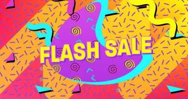 Kalın Flash Satış metinleri ve canlı geometrik desenleri olan renkli bir retro tasarım. İndirim, terfi, canlı, pazarlama
