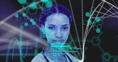 Kadın doktor üzerinde DNA ipliği, tıbbi ikonlar ve veri işleme ile dijital arayüz görüntüsü. Dijital olarak oluşturulan küresel bilgisayar ağı teknolojisi kavramı.