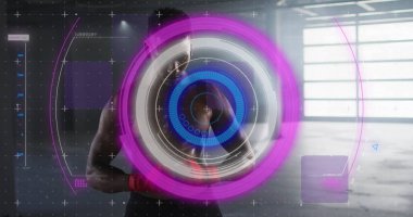 Ellerine kurdele bağlayan adamın istatistikleri ve grafikleri. Dijital arayüz küresel spor ve performans konsepti dijital olarak oluşturulmuş görüntü.