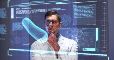 Tıbbi veri işleme ile etkileşimli bilgisayar ekranının arkasındaki erkek bilim adamının görüntüsü. küresel teknoloji, bilim ve tıp konsepti dijital olarak üretilen görüntü.