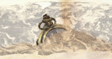 Antika cep saati kumda batıyor, zamanın ve tarihin geçişini sembolize ediyor. Eski, zaman aralığı, zamanın kumları, metafor, kavram, çürüme