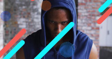 Afrikalı Amerikalı bir adamın portresine karşı hareket eden soyut şekillerin dijital kompozit görüntüsü. spor ve spor konsepti