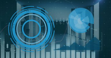 Mavi arkaplanda tarama ve veri işleme dürbünü görüntüsü. dijital arayüz küresel bağlantı ve dijital olarak oluşturulan iletişim konsepti.