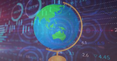 Arka planda sayılar ve grafiklerle dönen dünya görüntüsü. dijital arayüz küresel bağlantılar kavramı dijital olarak oluşturulmuş görüntü.