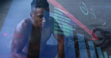 İstatistiklerin ve grafiklerin dinlenen insan egzersizi üzerindeki görüntüsü. dijital arayüz küresel spor ve performans konsepti dijital olarak oluşturulmuş görüntü.