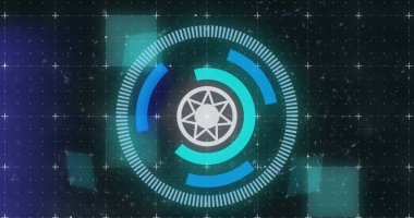 Mavi ve beyaz yanıp sönen ışıklarla dairesel dürbünü gösteren görüntü. iletişim teknolojisi dijital arayüz kavramı, dijital olarak oluşturulmuş görüntü.