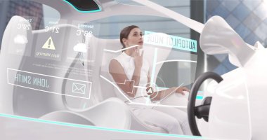 Otomatik pilot modunda beyaz iç çamaşırlı bir kadının şehirde araba sürüşü. Fütürist mühendislik yapay zeka konsepti Dijital kompozit.