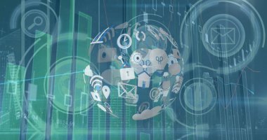 Grafik döndürerek dönen teknolojik simgelerden oluşan bir dünyanın görüntüsü. dijital arayüz küresel bağlantılar kavramı dijital olarak oluşturulmuş görüntü.