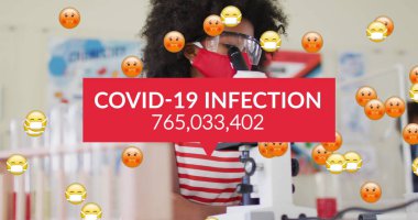 Sınıfta maskeli okul çocuğu olan 19 enfeksiyon numarası ve emojinin resmi. Coronavirus covid 19 salgını sırasında sağlık ve koruma dijital olarak üretilen görüntü.