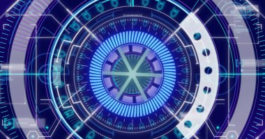 Mavi beyaz ve gri karmaşık dairesel taramayı gösteren dijital arayüz görüntüsü. iletişim teknolojisi dijital arayüz kavramı, dijital olarak oluşturulmuş vide