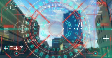 Arkaplanda şehir manzarası olan tarama ve veri işleme alanının resmi. Dijital arayüz küresel bağlantı ve dijital olarak oluşturulan iletişim konsepti.