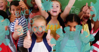 Koronavirüs hücrelerinin görüntüsü ve bir grup okul çocuğunun üzerinde süzülen 