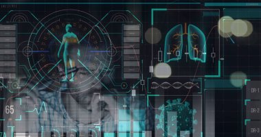 Bilgisayar kullanan stresli bir adama karşı tıbbi veri işleme ile dijital arayüz. Tıbbi araştırma teknolojisi ve covid-19 salgın konsepti