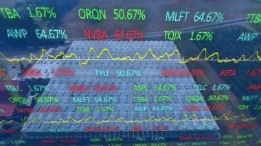 Büyük sanayi binalarının dış yüzeyini kaplayan borsa grafiklerinin animasyonu. Finans, ekonomi, analitik, sanayi, iş, büyüme