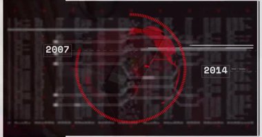 Siyah zemin üzerinde veri bulunan kırmızı dijital dünya haritasının animasyonu. Global, teknoloji, fütüristik, soyut, ağ, iletişim