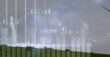 Arka planda şehir manzarası ve finansal veri tabloları olan rüzgar türbini animasyonu. Yenilenebilir, enerji, sürdürülebilirlik, teknoloji, kentsel, çevre