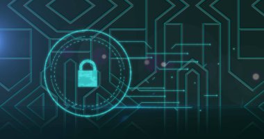 Çevrimiçi güvenlik kilidi yeşil arka planda yanıp sönüyor. dijital arayüz, bağlantı ve iletişim konsepti dijital olarak oluşturulmuş görüntü.