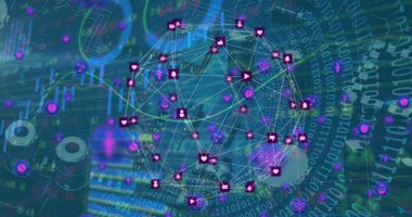 Bağlantılar ve yüzen grafikler ve sayılar ile dönen simgelerden oluşan dünya görüntüsü. dijital arayüz küresel bağlantılar kavramı dijital olarak oluşturulmuş görüntü.