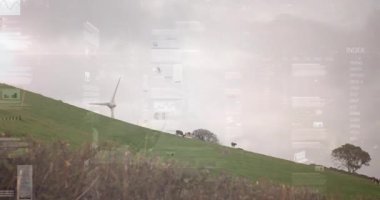 Çimenli tepede rüzgar türbini ve veri işleme animasyon örtüsü. Yenilenebilir, enerji, sürdürülebilirlik, çevre, yenilik, yeşil