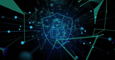 Siber güvenlik teknolojisi için gelecekteki arayüzde parlayan dijital kilit simgesi. Koruma, ağ, şifreleme, güvenlik, veri